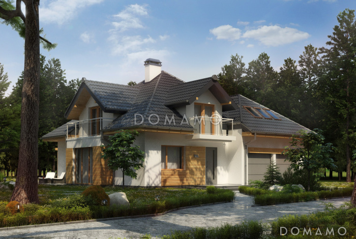 Проект классического одноэтажного мансардного дома из кирпича с дополнительной спальней на первом этаже, с тремя балконами и гаражом на два автомобиля