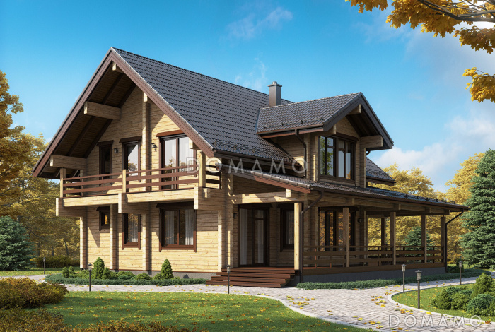 Проект двухэтажного дома из бруса с масштабной крытой террасой