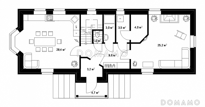 Проект большого коттеджа для узкого участка / План 1 этажа