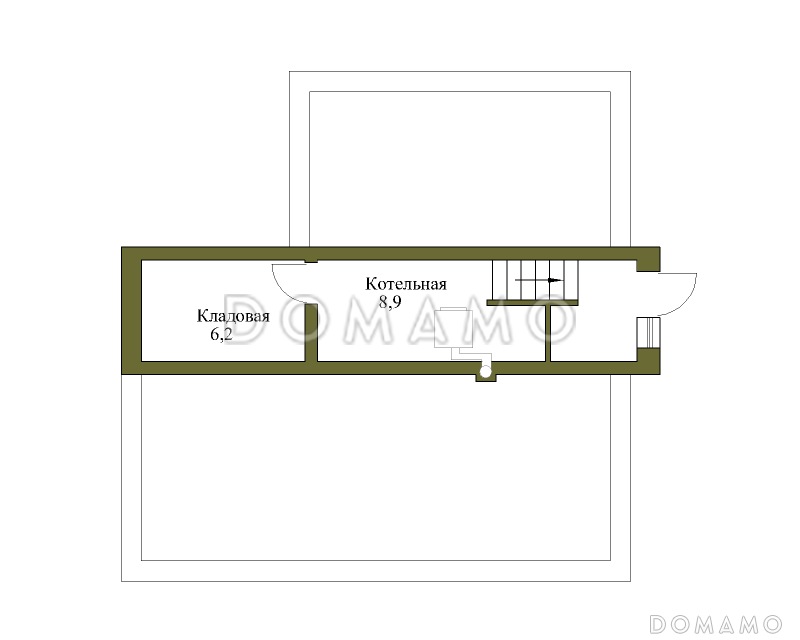 Проект коттеджа с большой террасой и небольшим подвалом. / План цокольного этажа