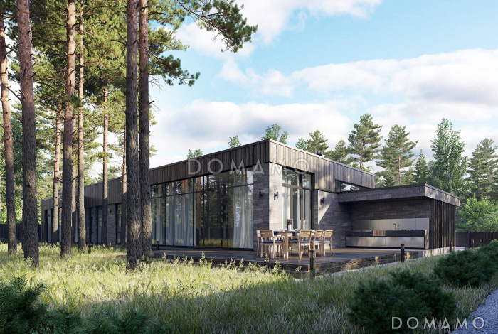 Проект одноэтажного дома с просторной дневной зоной, летней кухней на террасе, тремя спальнями и построчной