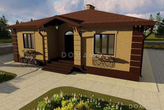 Проект одноэтажного дома с эркером в гостиной, крытой террасой с камином, большой кладовой с окном