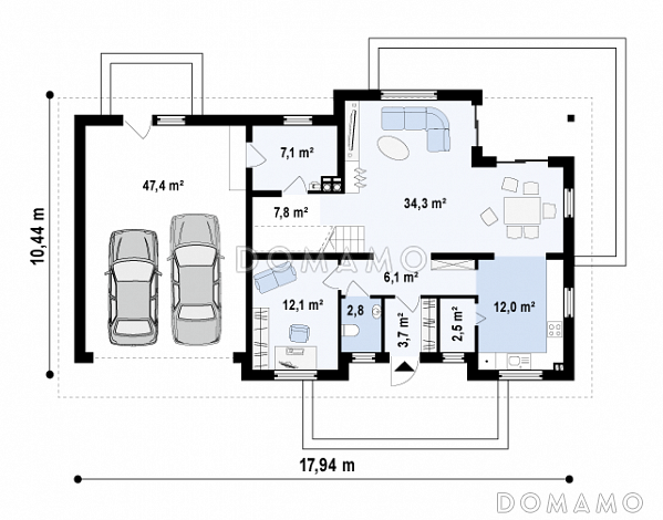 Проект просторного одноэтажного дома из газобетона со свободной зоной на мансардном этаже и со встроенным гаражом / План 1 этажа