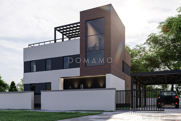 Проект двухэтажного дома в стиле хай-тек с террасой, 3 спальнями и личными гардеробными