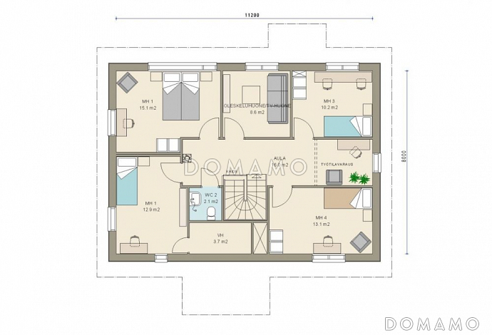 Проект двухэтажного дома с пятью комнатами на втором этаже / План мансардного этажа