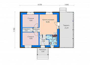 Проект дома с террасой, кухней-столовой, двумя небольшими спальнями и кладовой / План 1 этажа