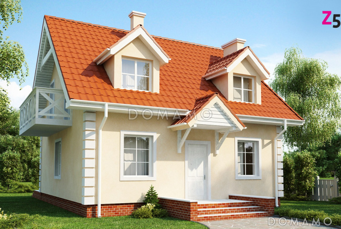 Проект одноэтажного мансардного дома из кирпича с тремя спальнями, балконом и красивыми мансардными окнами