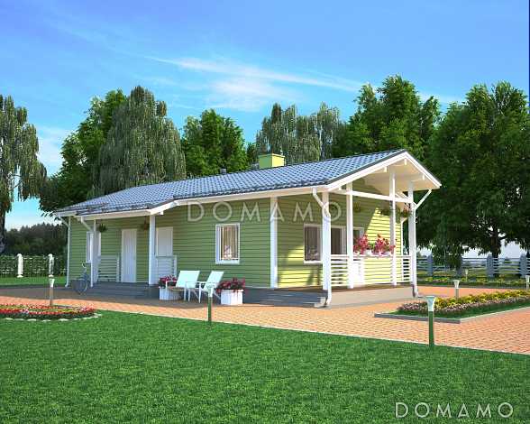 Проект одноэтажного каркасного дома с эркером и небольшой крытой террасой