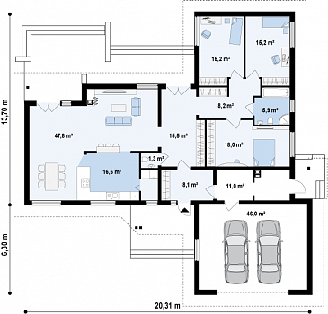 Проект просторного одноэтажного дома из кирпича с фронтальным гаражом на два автомобиля и отделённой зоной сна / План 1 этажа