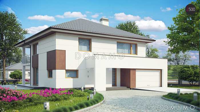 Проект просторного двухэтажного дома из газобетона со встроенным гаражом и двумя террасами на обоих уровнях