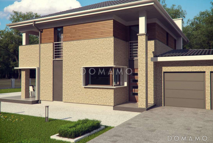 Проект просторного двухэтажного дома из газобетона с дополнительной спальней на первом этаже, гаражом и сауной