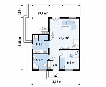 Проект компактного одноэтажного мансардного дома из газобетон с барбекю на крытой террасе / План 1 этажа