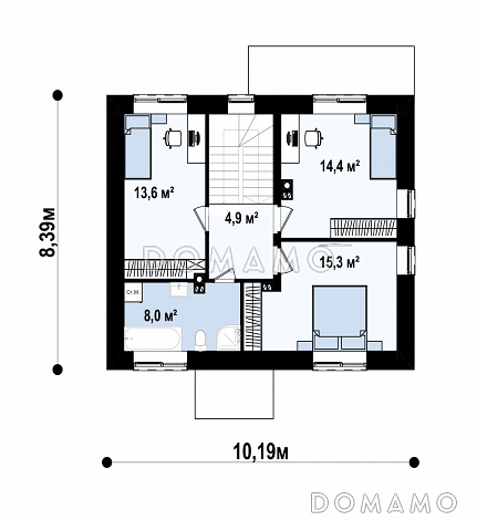 Проект загородного двухэтажного дома с террасой, комнатой на первом этаже, санузлом под лестницей / План 2 этажа