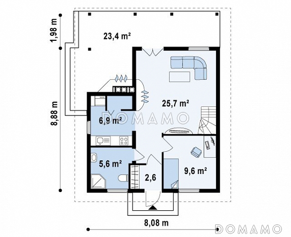 Проект компактного одноэтажного мансардного дома из газобетон с барбекю на крытой террасе / План 1 этажа