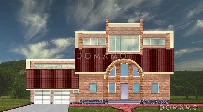 Проект одноэтажного дома с мансардой, цоколем и чердаком, со стеклянным эркером