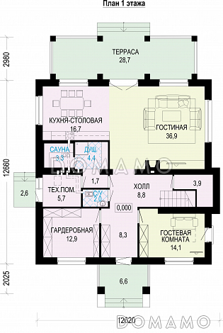 Проект трехэтажного загородного дома из кирпича / План 1 этажа
