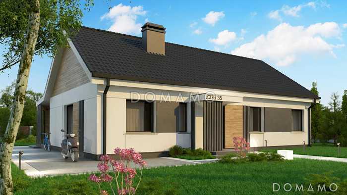 Проект одноэтажного дома с разделением спален и дневной зоны, террасой, угловой кухней, камином