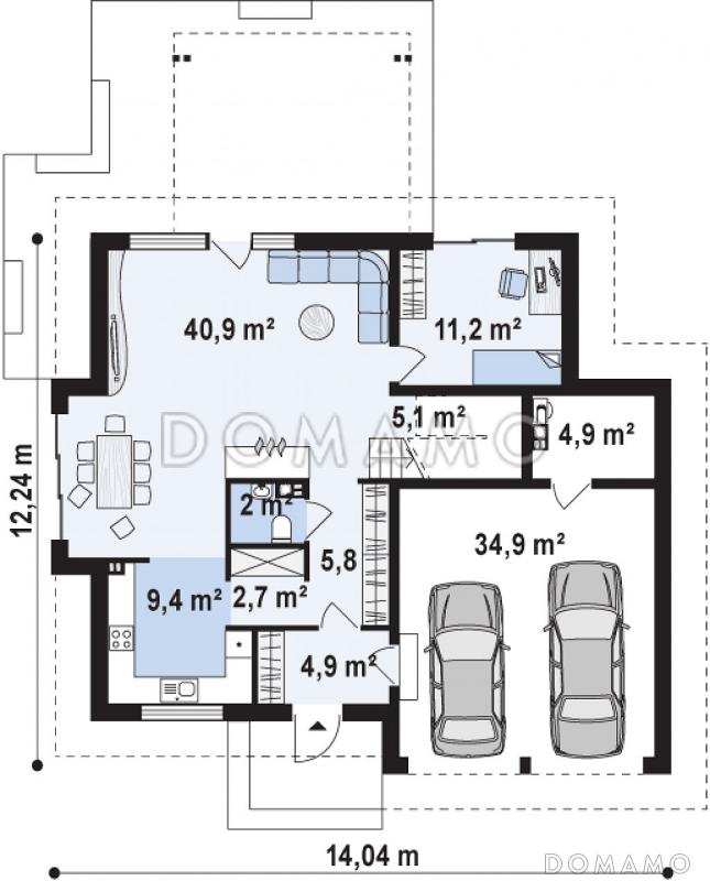 Проект классического одноэтажного мансардного дома из газобетона с дополнительными спальнями на первом этаже и мансардном, с тремя балконами и гаражом на два автомобиля / План 1 этажа