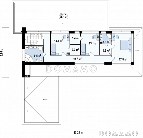 Проект просторного современного двухэтажного дома из газобетона с плоской крышей,  с верандой, гаражом и террасами на обоих этажах / План 2 этажа