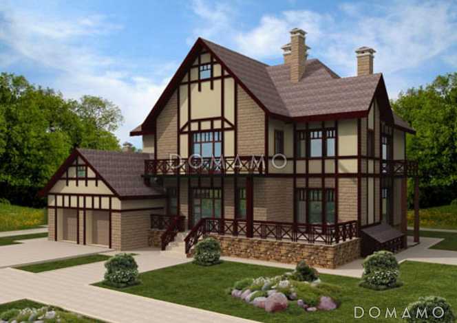 Проект дома с цокольным этажом в стиле фахверк
