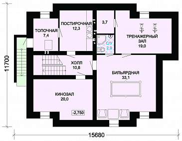 Проект вместительного особняка с бильярдным помещением, тренажерным залом и кинозалом / План цокольного этажа