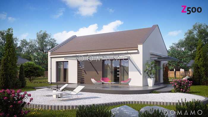 Проект компактного одноэтажного дома из газобетона с двумя спальнями и большой угловой открытой террасой 