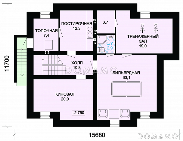 Проект вместительного особняка с бильярдным помещением, тренажерным залом и кинозалом / План цокольного этажа