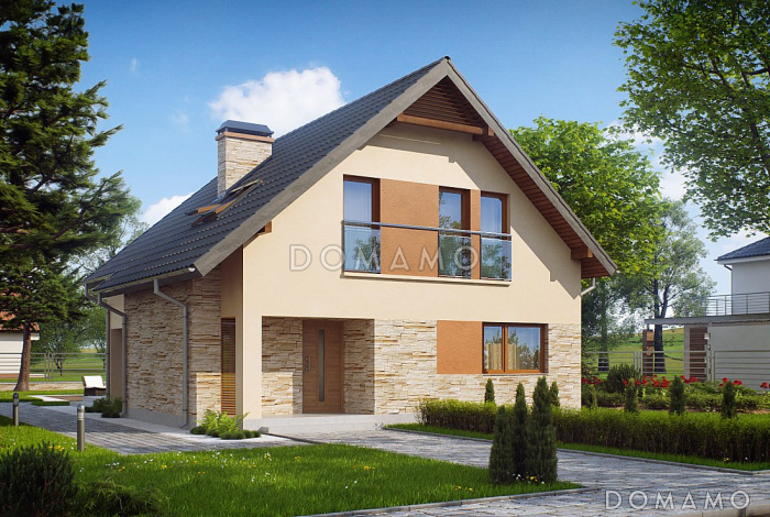 Проект небольшого одноэтажного мансардного дома из кирпича с тремя спальнями и просторной гостиной