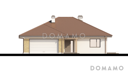 Проект одноэтажного дома из газобетона с большим гаражом и техническим помещением и частично крытой угловой террасой / Фасад 2