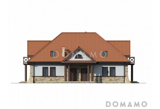 Проект комфортного одноэтажного мансардного дома из кирпича для двух семей в стиле русской усадьбы / Фасад 1