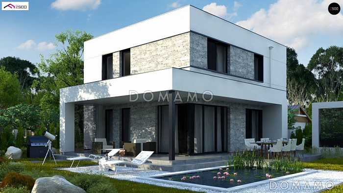 Проект современного двухэтажного дома из кирпича с плоской крышей, четырьмя комнатами, угловым остеклением гостиной и гаражом