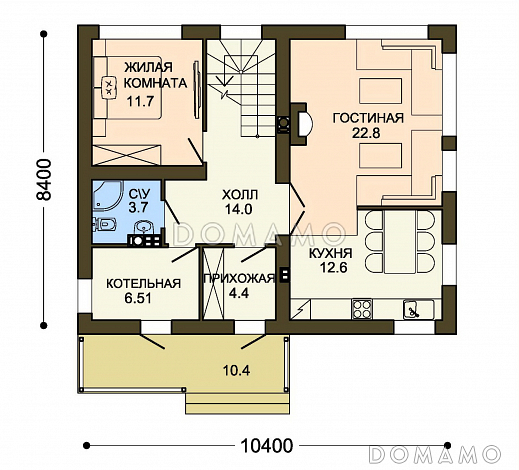 Проект лаконичного коттеджа с четырьмя спальнями, широкими окнами и большой гардеробной / План 1 этажа