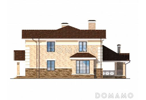 Проект дома с крытой террасой с камином, просторной кухней-столовой, гостиной с камином, сауной на втором этаже / Фасад 2