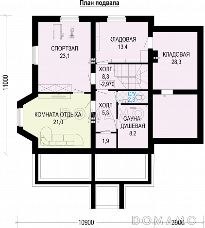 Проект двухэтажного газобетонного дома c подвалом и пристроенным гаражом / План цокольного этажа