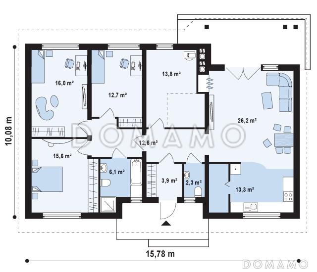 Проект классического одноэтажного дома из кирпича с тремя спальнями и возможностью обустройства мансарды / План 1 этажа