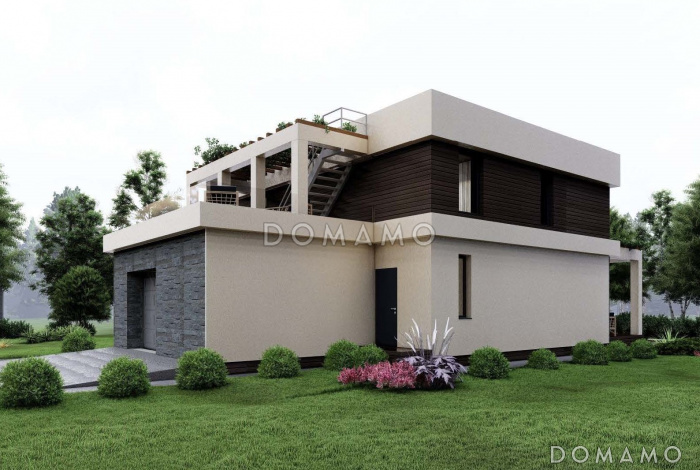 Проект загородного дома с плоской кровлей в стиле хай-тек S-228