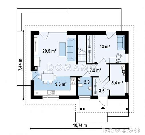 Проект одноэтажного мансардного дома из газобетона c отделкой фасадов облицовочным кирпичом, с кабинетом и тремя спальнями  / План 1 этажа