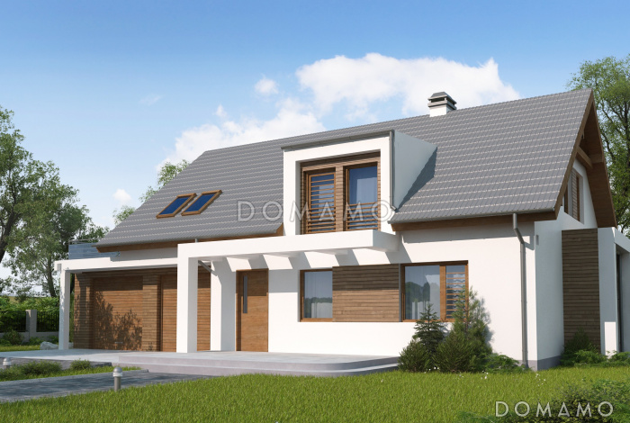 Проект одноэтажного мансардного дома из кирпича с эркером в кухонной зоне, вертикальным мансардным окном и гаражом