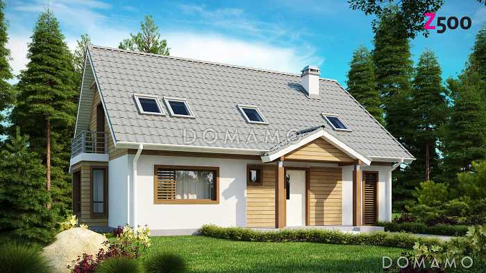 Проект классического мансардного дома из газобетона с дополнительной спальней на первом этаже и эркером в столовой зоне