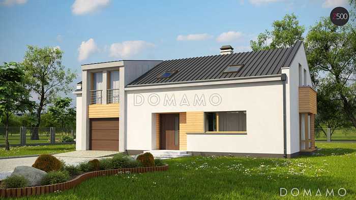 Проект современного мансардного дома из газобетона с четырьмя комнатами, эркером и одноместным гаражом