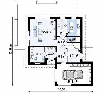 Проект одноэтажного мансардного дома из газобетона с кабинетом, изолированной кухней и гаражом / План 1 этажа