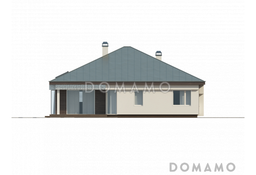 Проект одноэтажного дома из кирпича со стеклянным эркером в просторной гостиной и гаражом на два автомобиля с кирпичной облицовкой / Фасад 2