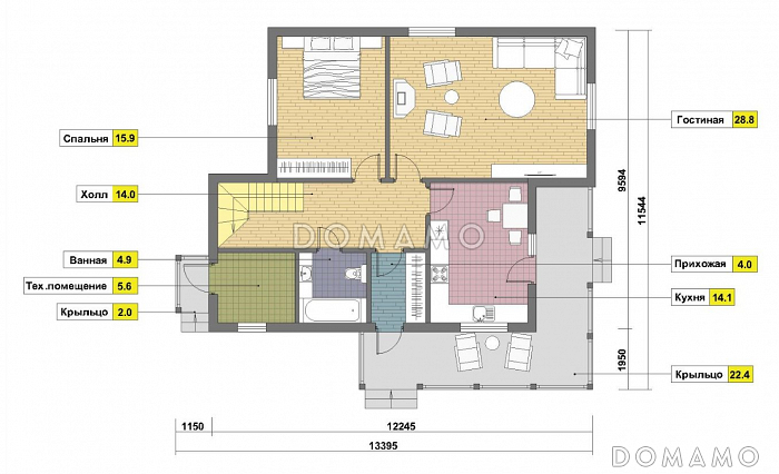 Проект двухэтажного дома из пеноблоков в стиле фахверк / План 1 этажа