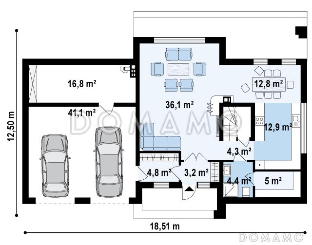 Проект современного двухэтажного дома из кирпича с четырьмя спальнями, большим гаражом и сауной / План 1 этажа