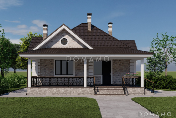 Проект одноэтажного дома из газобетона с мастер-спальней и крытой террасой