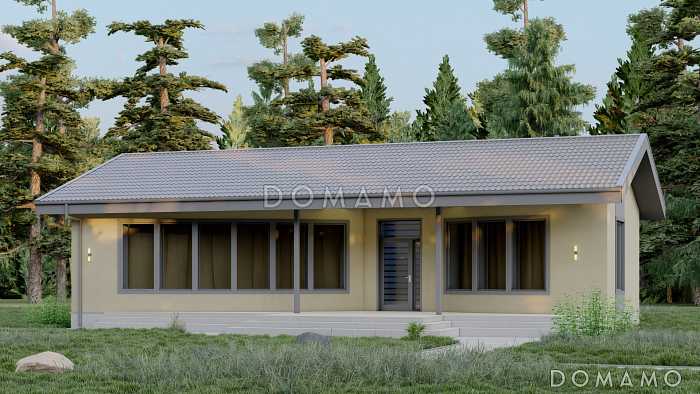 Проект одноэтажной бани с панорамным остеклением, крытой террасой, спальней