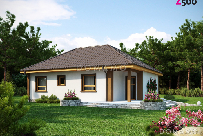 Проект небольшого одноэтажного дома из кирпича с тремя спальнями и красивой угловой террасой