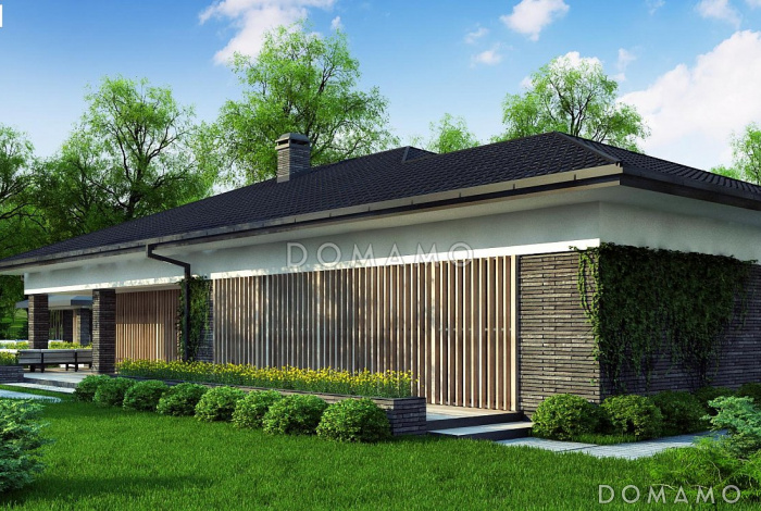 Проект просторного стильного одноэтажного дома из кирпича с тремя спальнями, гаражом и крытой террасой