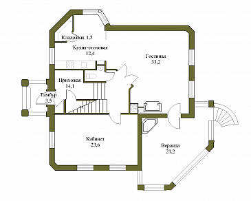 Проект коттеджа с подвалом и зимним садом из кирпича / План 1 этажа