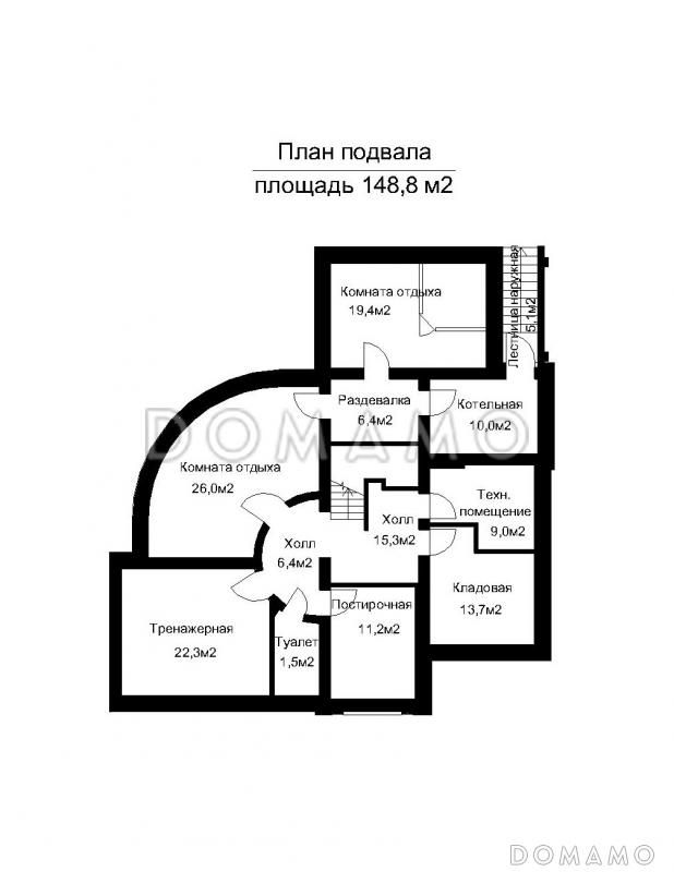 Проект двухэтажного дома с подвальным этажом и холодным чердаком / План цокольного этажа